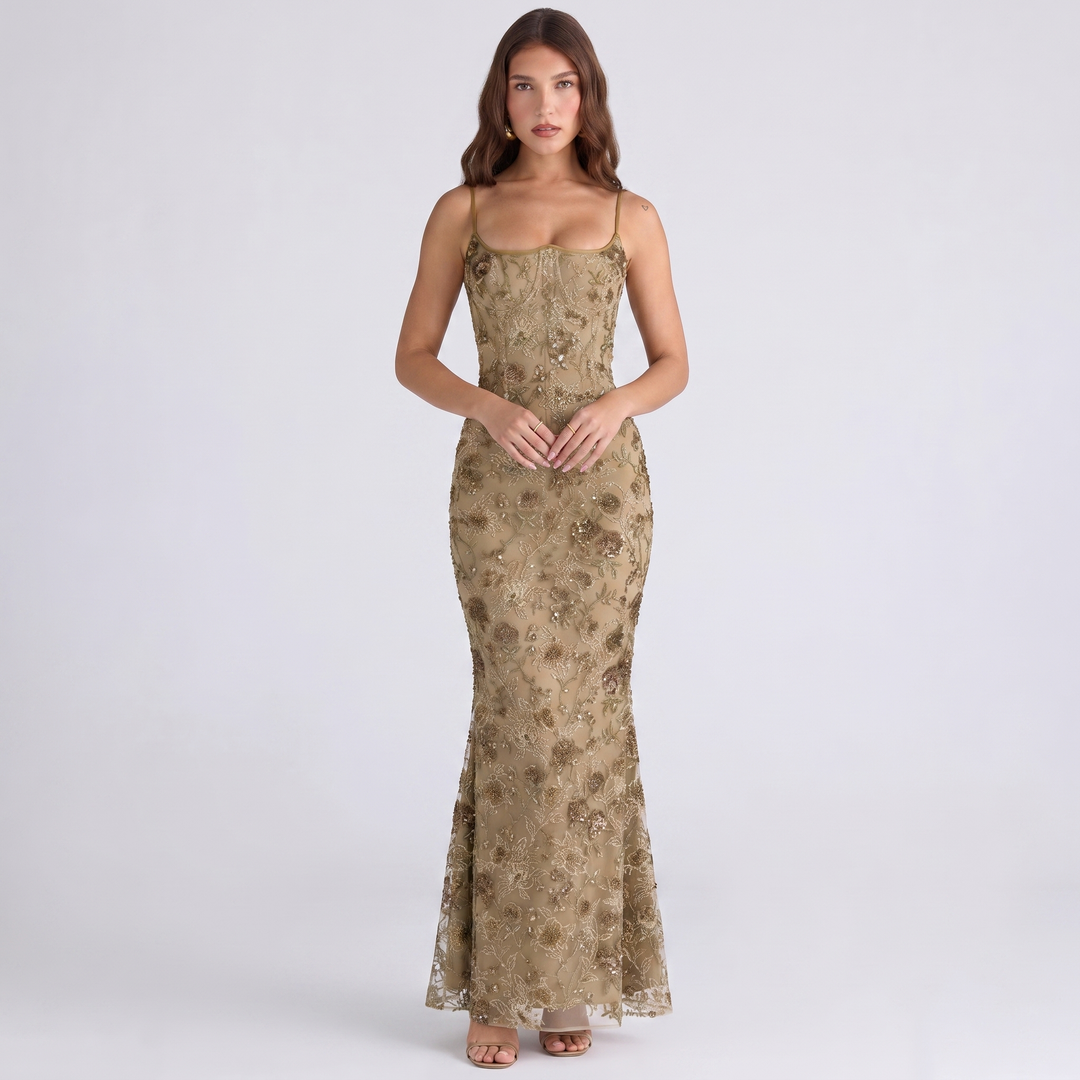 Women's Embellished Lace Maxi Dress Corset Bodice Mermaid Formal