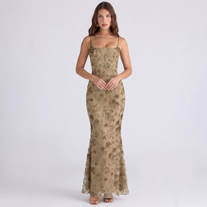 Women's Embellished Lace Maxi Dress Corset Bodice Mermaid Formal
