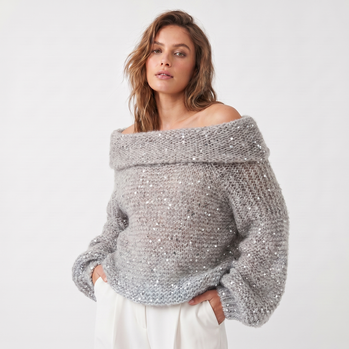 Women's Oversized Cardigan – Chunky Knit Sequin Zip-Up Funnel Neck