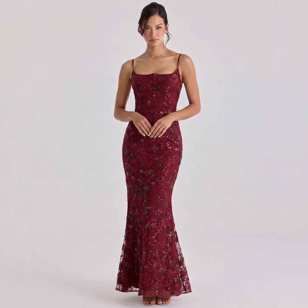 Women's Embellished Lace Maxi Dress Corset Bodice Mermaid Formal