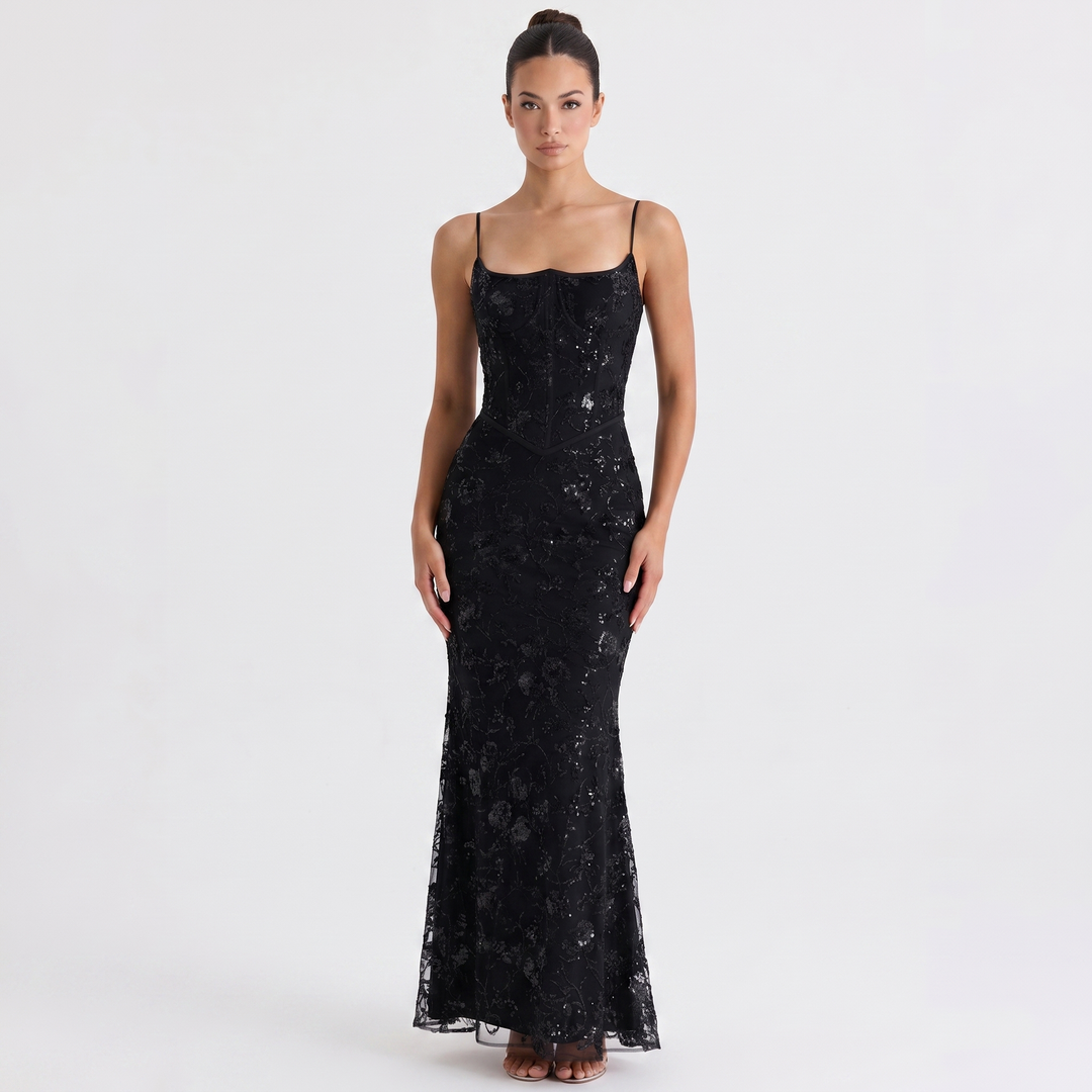 Women's Embellished Lace Maxi Dress Corset Bodice Mermaid Formal