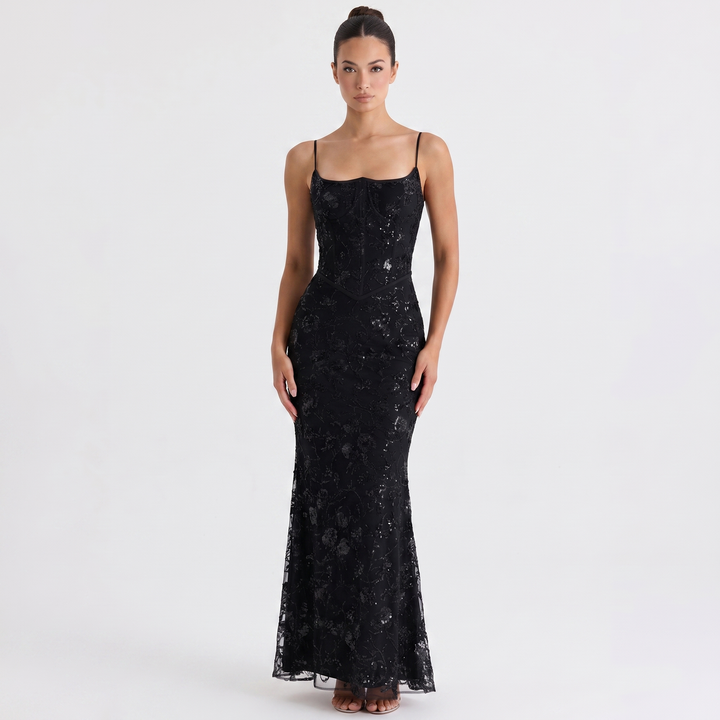 Women's Embellished Lace Maxi Dress Corset Bodice Mermaid Formal