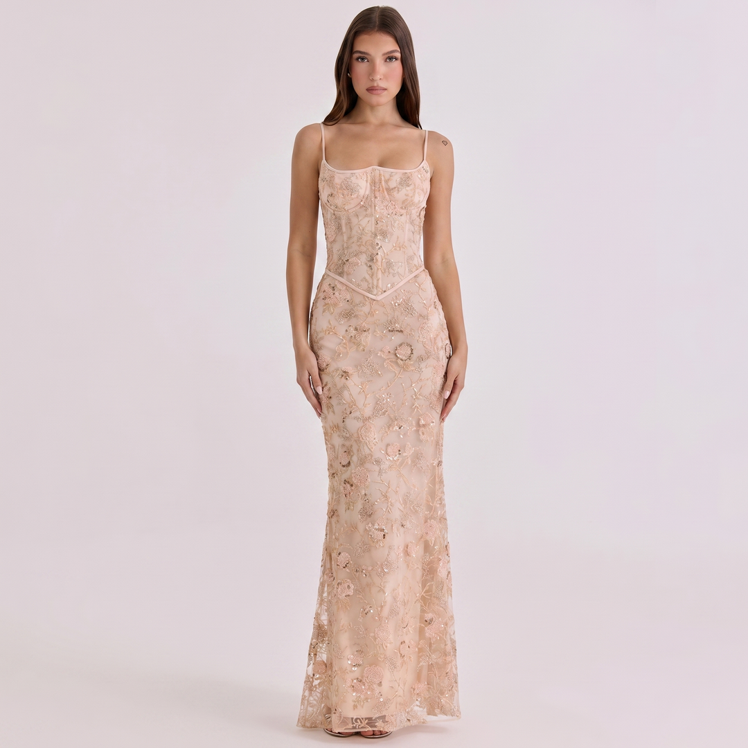 Women's Embellished Lace Maxi Dress Corset Bodice Mermaid Formal