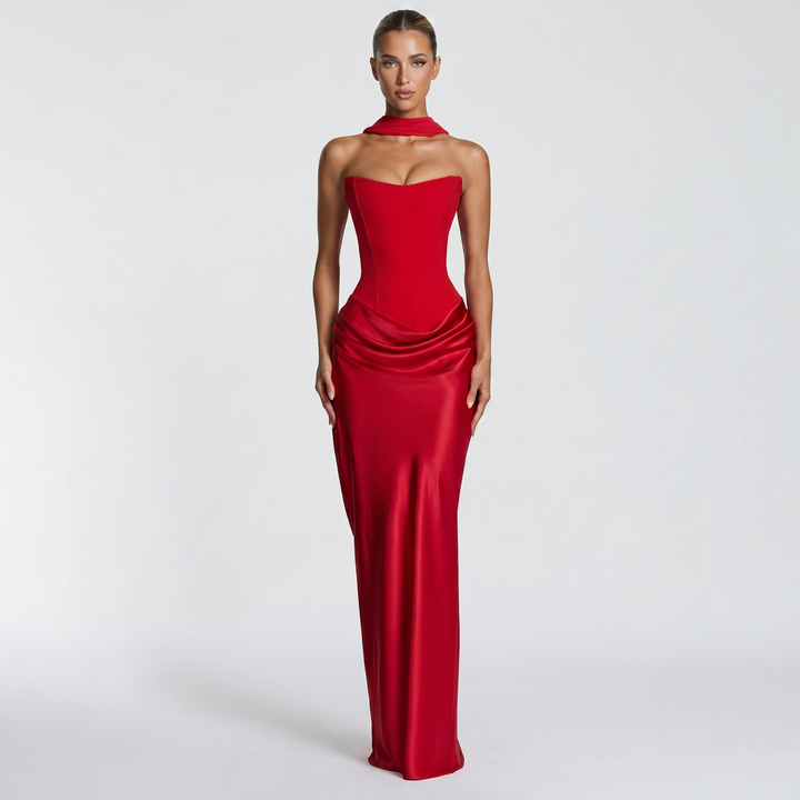 Women's Satin Maxi Dress Strapless Corset Choker Draped Bodycon