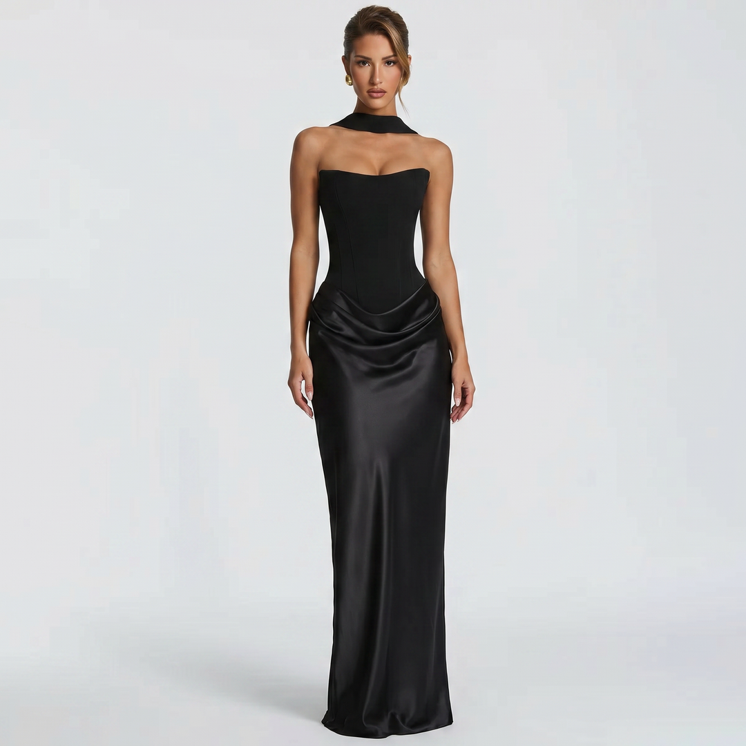 Women's Satin Maxi Dress Strapless Corset Choker Draped Bodycon