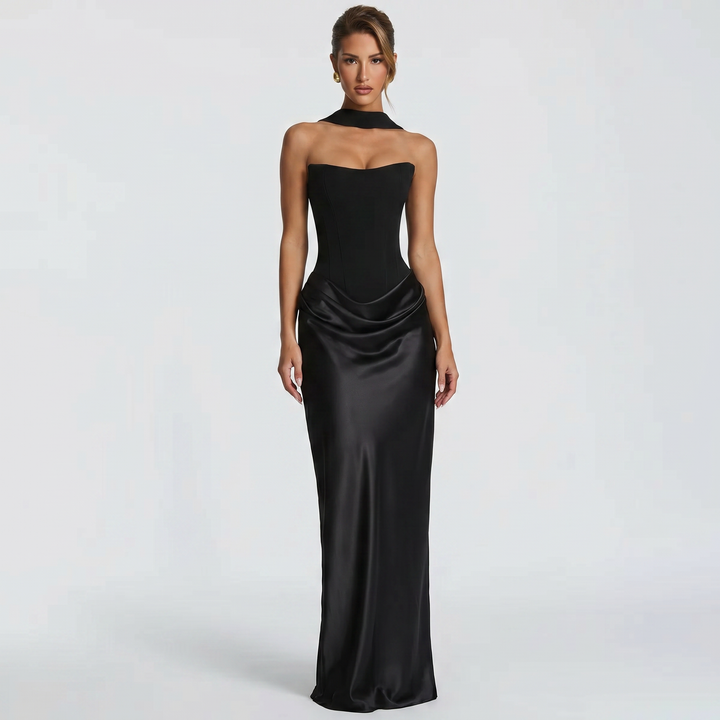 Women's Satin Maxi Dress Strapless Corset Choker Draped Bodycon