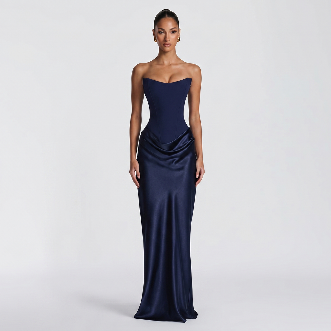 Women's Satin Maxi Dress Strapless Corset Choker Draped Bodycon