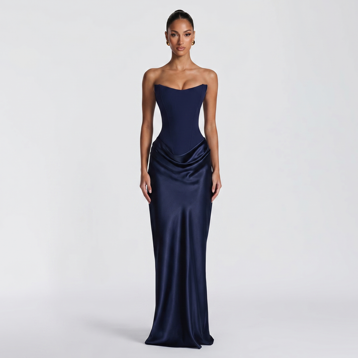 Women's Satin Maxi Dress Strapless Corset Choker Draped Bodycon