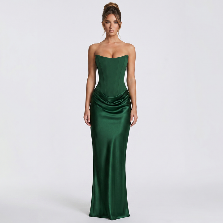 Women's Satin Maxi Dress Strapless Corset Choker Draped Bodycon