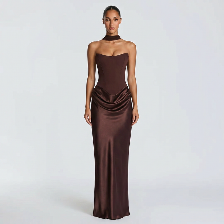 Women's Satin Maxi Dress Strapless Corset Choker Draped Bodycon