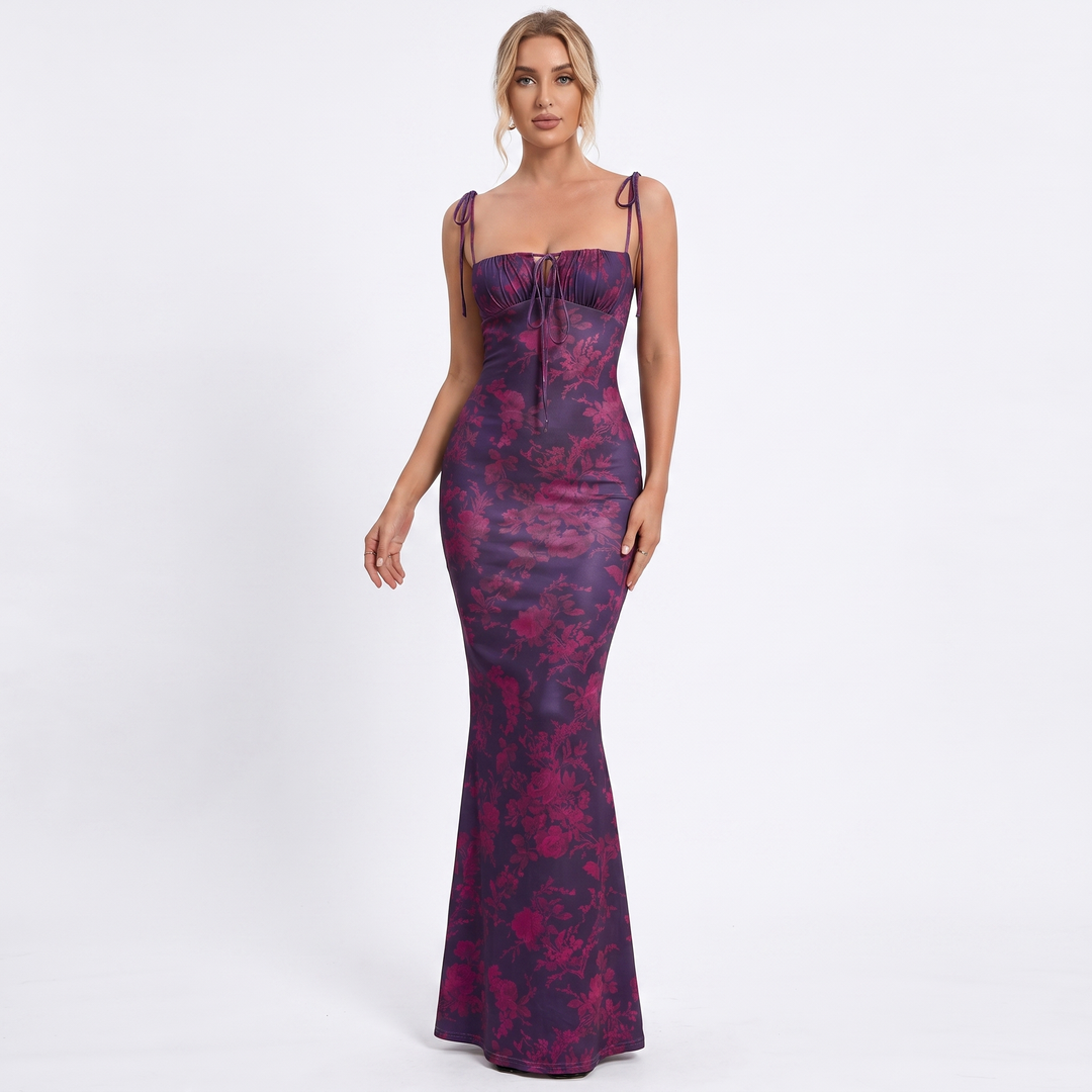 Women's Floral Maxi Dress Tie Strap Corset Bodice Bodycon Summer