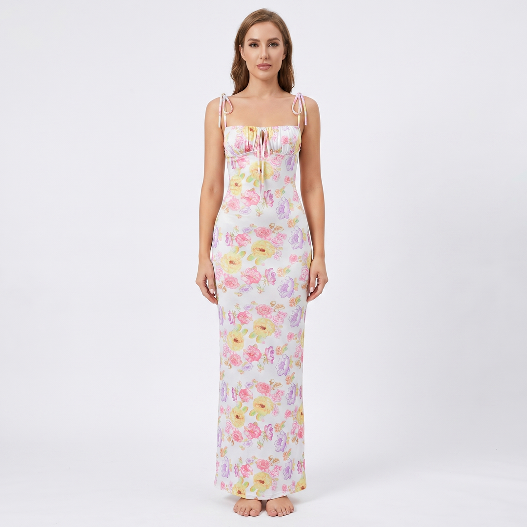 Women's Floral Maxi Dress Tie Strap Corset Bodice Bodycon Summer