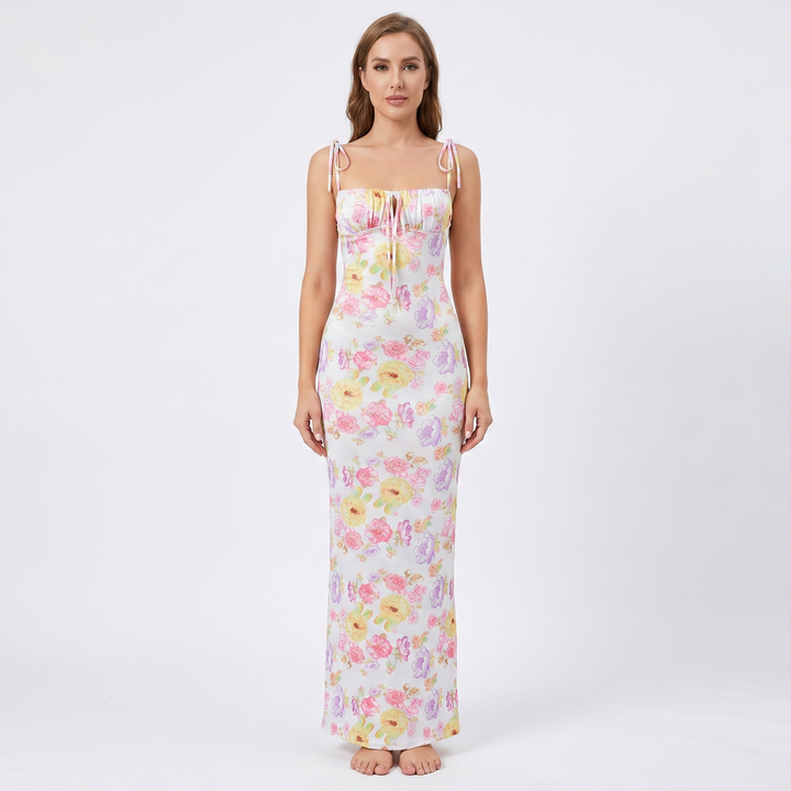 Women's Floral Maxi Dress Tie Strap Corset Bodice Bodycon Summer