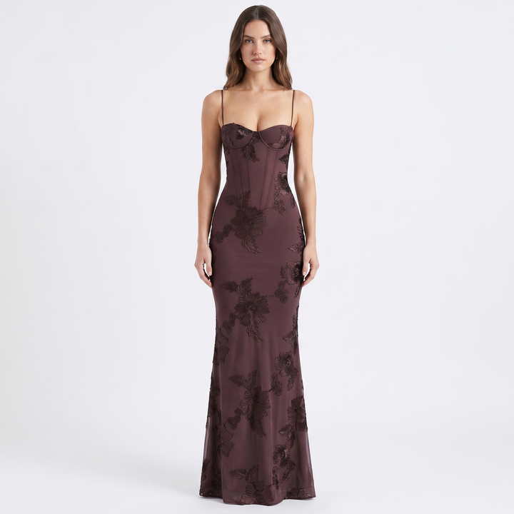 Women's Embroidered Maxi Dress Corset Bustier Mesh Mermaid Formal