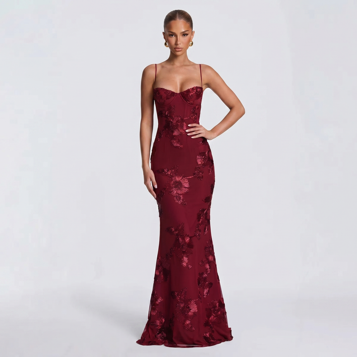 Women's Embroidered Maxi Dress Corset Bustier Mesh Mermaid Formal