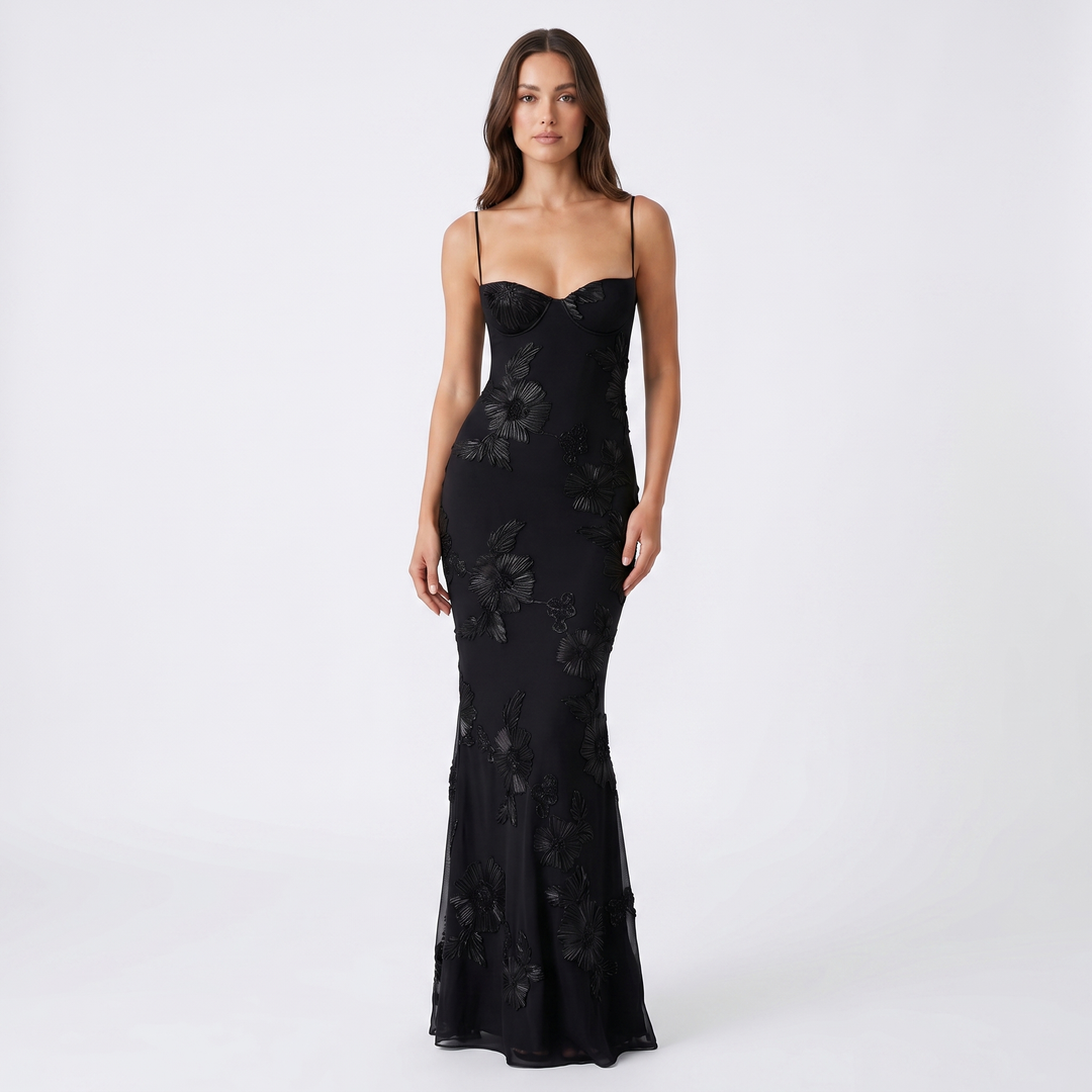 Women's Embroidered Maxi Dress Corset Bustier Mesh Mermaid Formal
