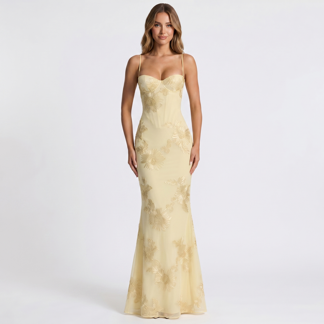 Women's Embroidered Maxi Dress Corset Bustier Mesh Mermaid Formal