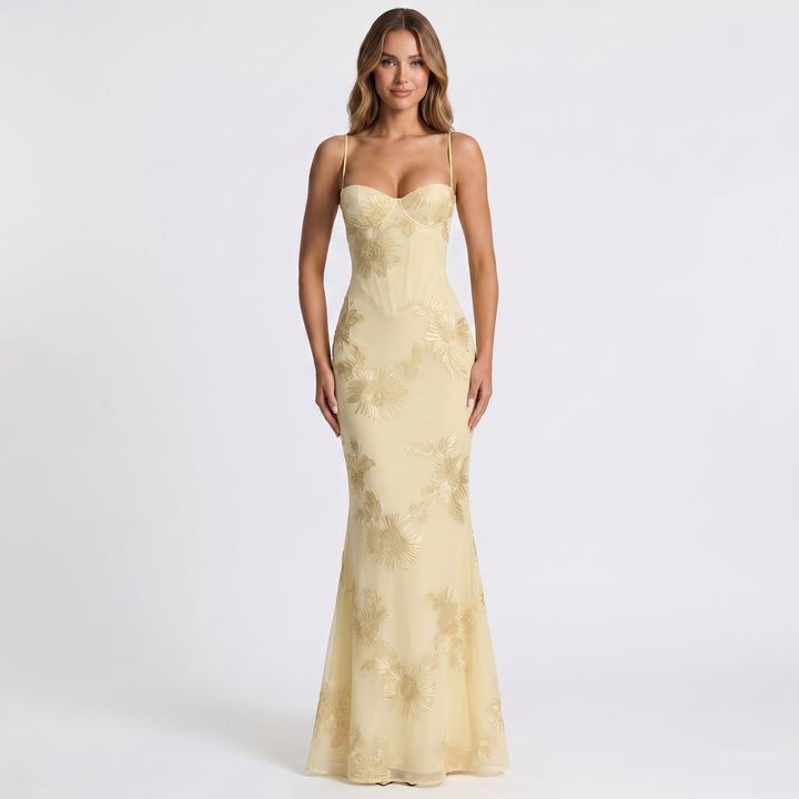 Women's Embroidered Maxi Dress Corset Bustier Mesh Mermaid Formal