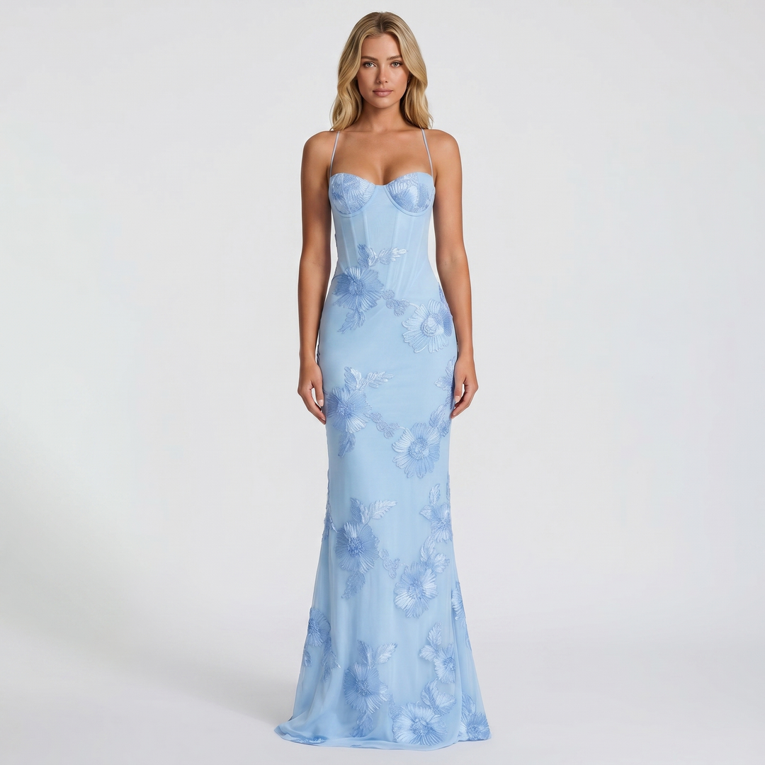 Women's Embroidered Maxi Dress Corset Bustier Mesh Mermaid Formal