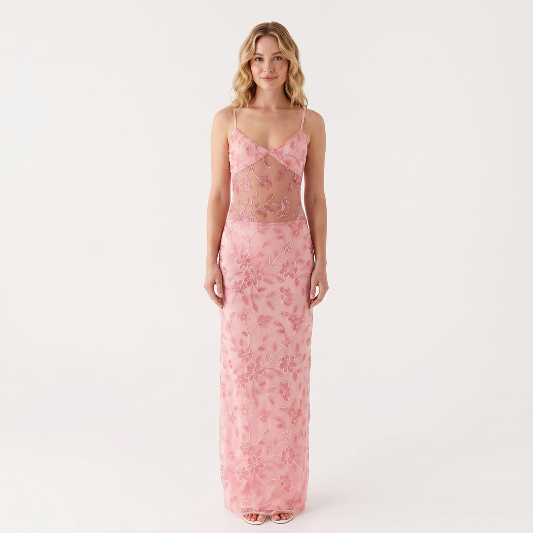 Women's Embroidered Maxi Dress V Neck Sheer Bodice Column Formal