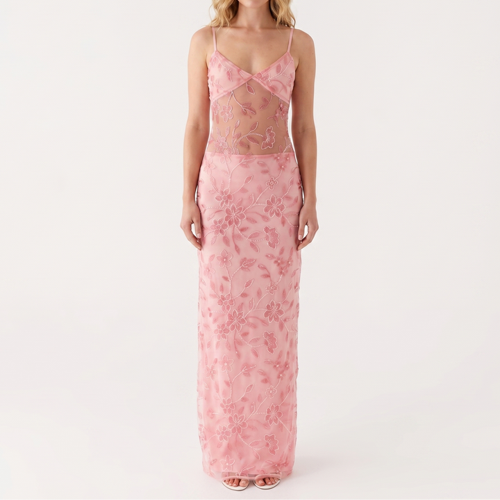 Women's Embroidered Maxi Dress V Neck Sheer Bodice Column Formal