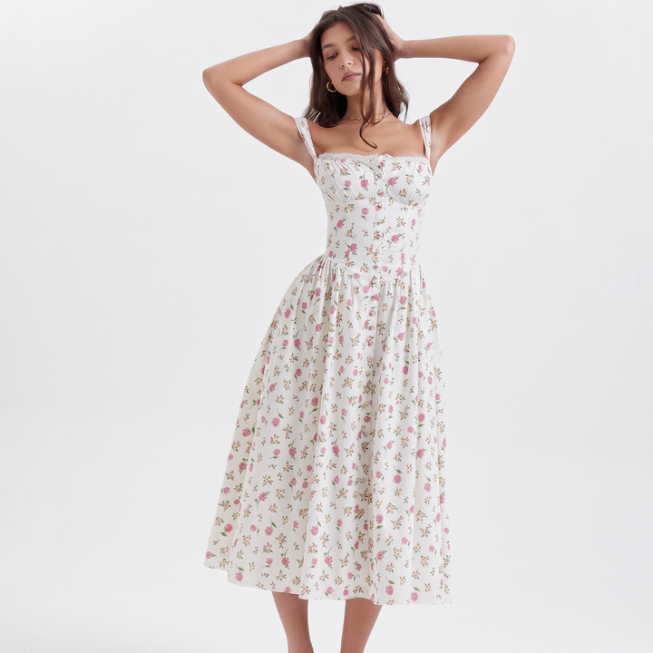 Women's Floral Midi Dress Corset Bodice Button Front Strappy Summer