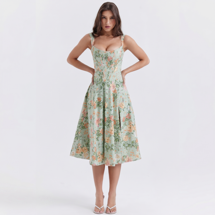 Women's Floral Midi Dress Corset Bodice Button Front Strappy Summer