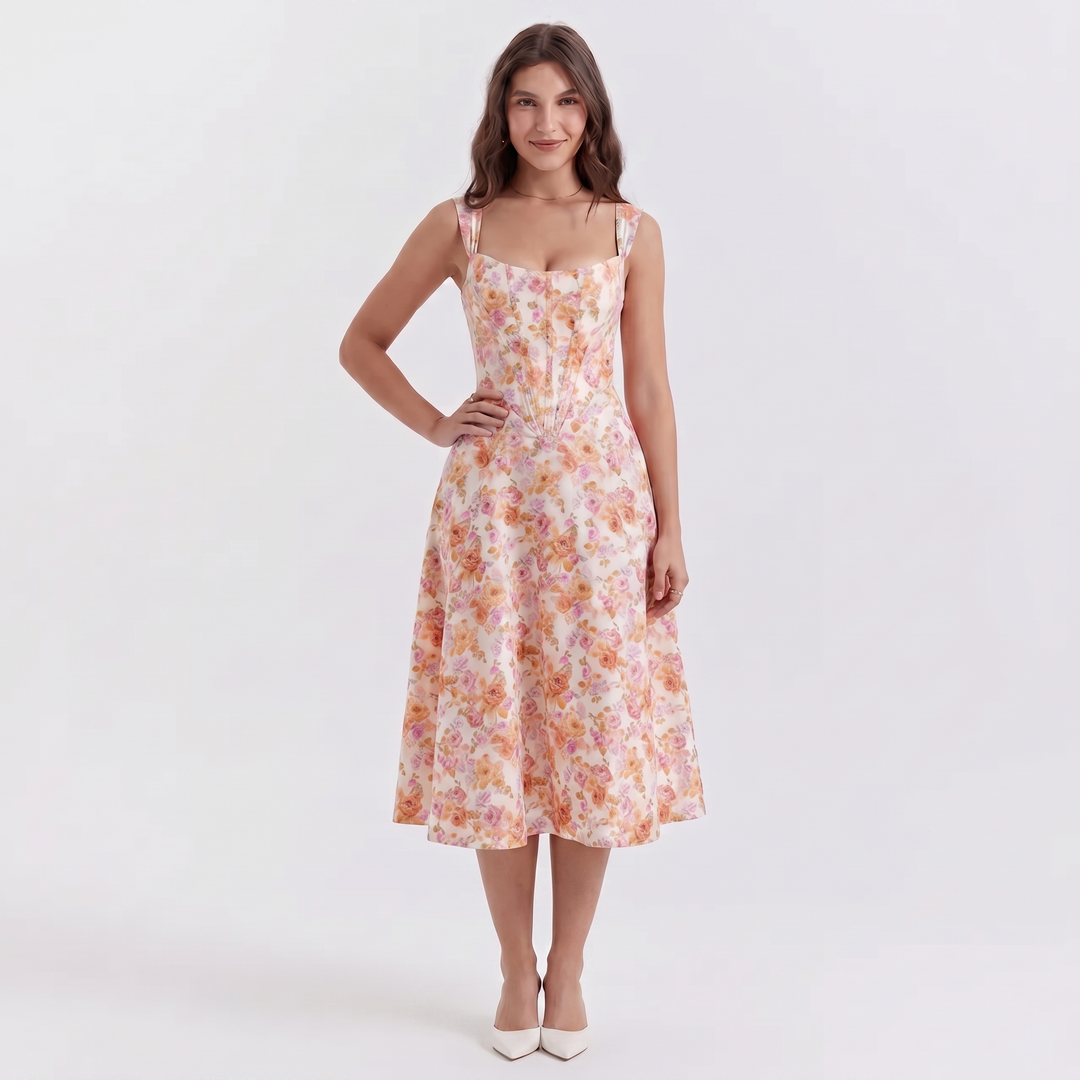 Women's Floral Midi Dress Corset Bodice Button Front Strappy Summer