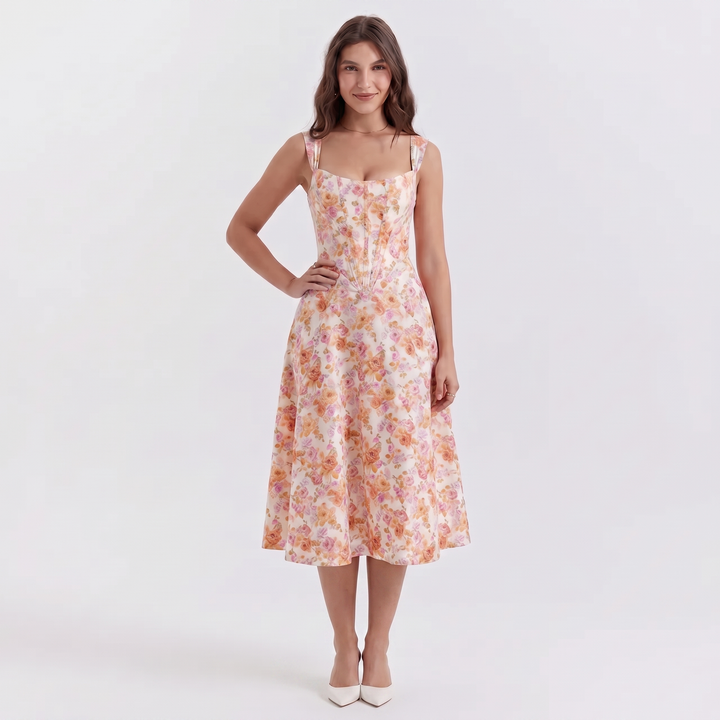 Women's Floral Midi Dress Corset Bodice Button Front Strappy Summer