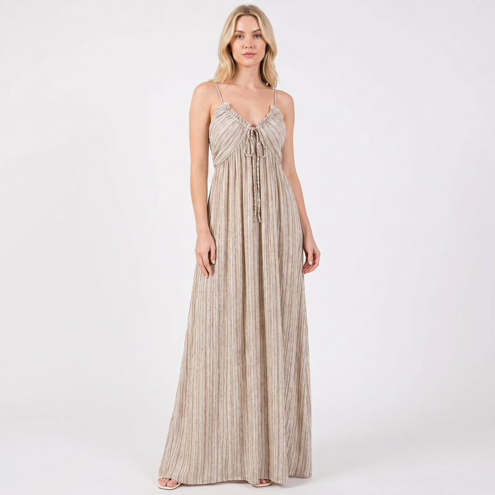 Women's Linen Maxi Dress Striped Tie Front Empire Waist Strappy