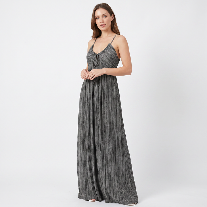 Women's Linen Maxi Dress Striped Tie Front Empire Waist Strappy