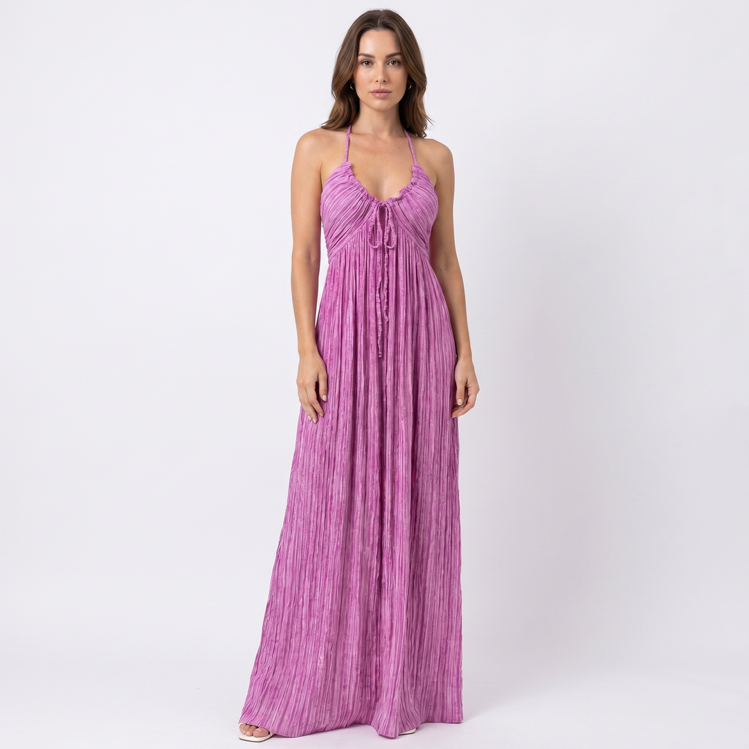 Women's Linen Maxi Dress Striped Tie Front Empire Waist Strappy