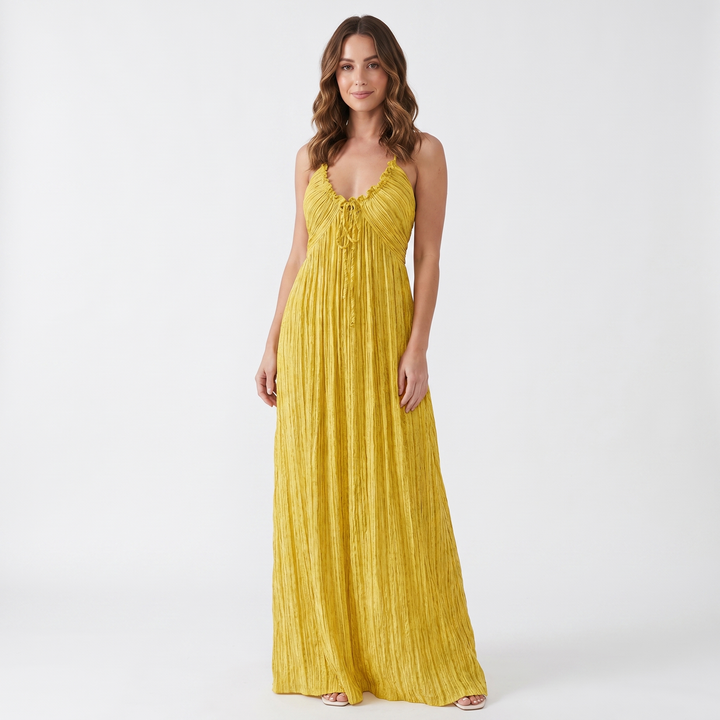 Women's Linen Maxi Dress Striped Tie Front Empire Waist Strappy
