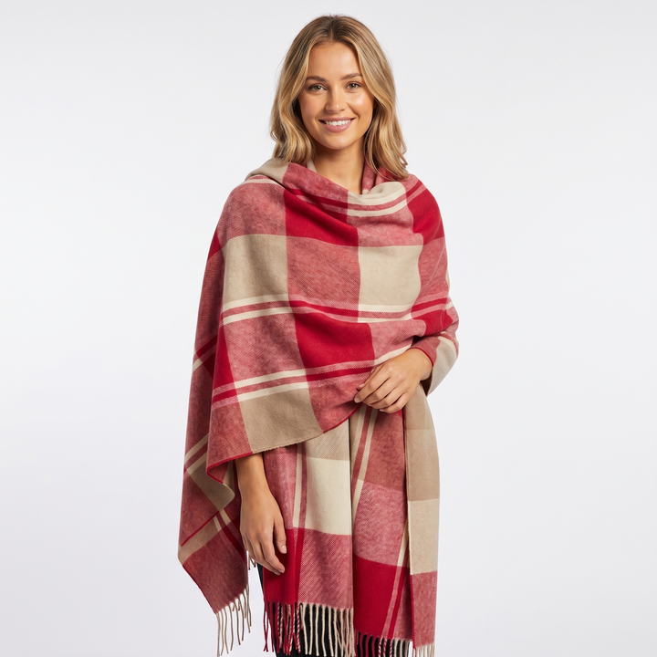 Women's Shawl Scarf – Oversized Check Blanket Fringe Wool-Look