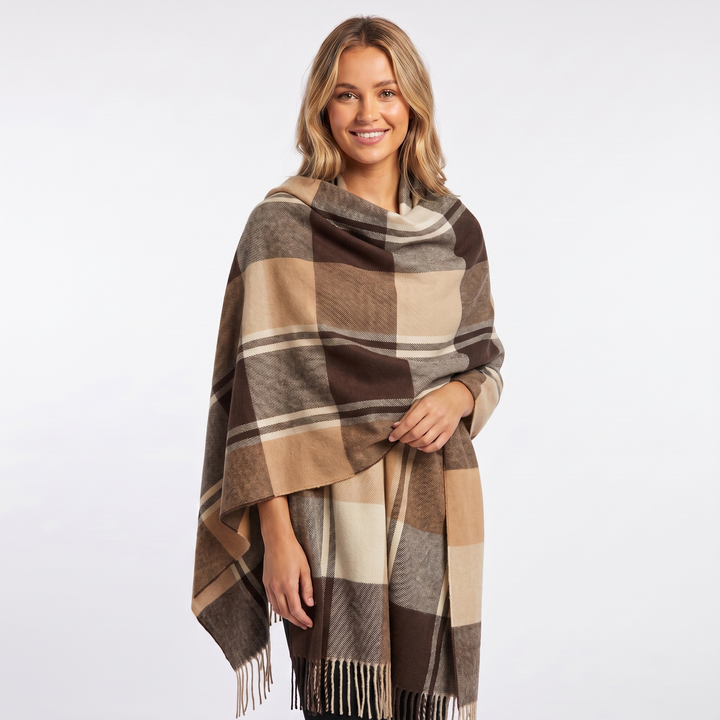 Women's Shawl Scarf – Oversized Check Blanket Fringe Wool-Look