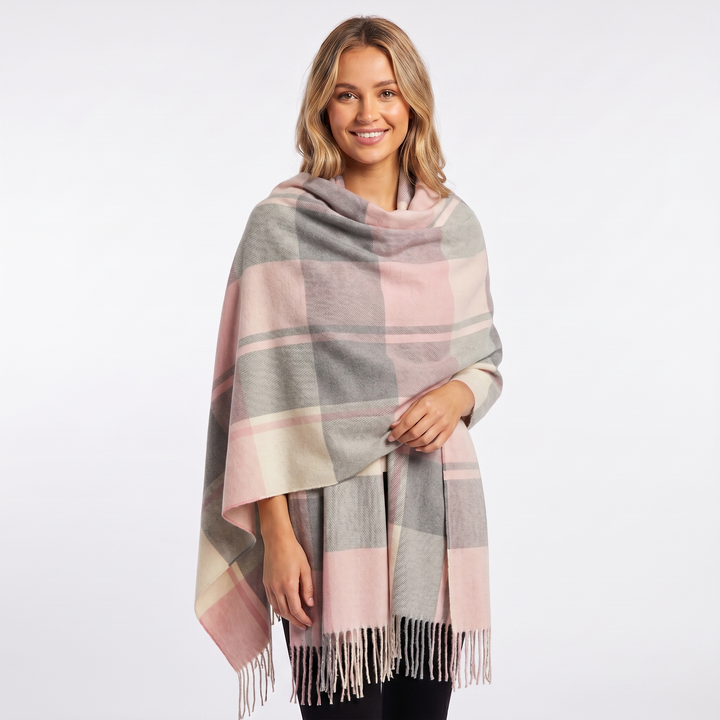 Women's Shawl Scarf – Oversized Check Blanket Fringe Wool-Look