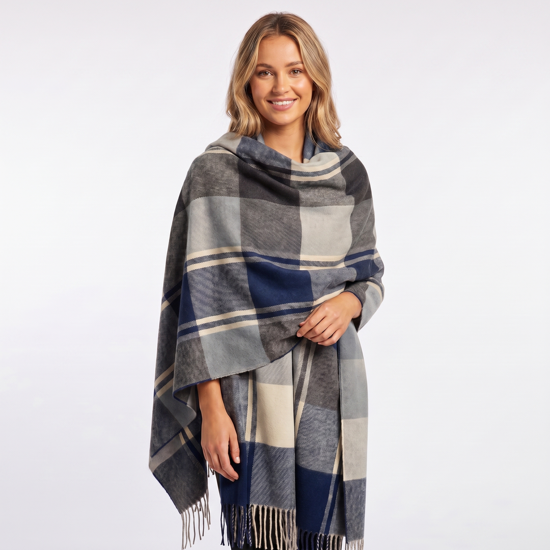 Women's Shawl Scarf – Oversized Check Blanket Fringe Wool-Look