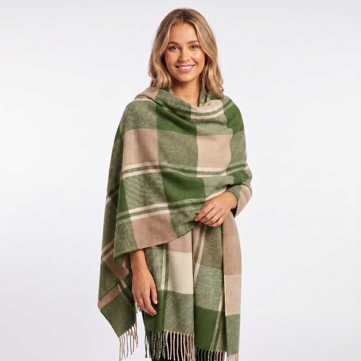 Women's Shawl Scarf – Oversized Check Blanket Fringe Wool-Look