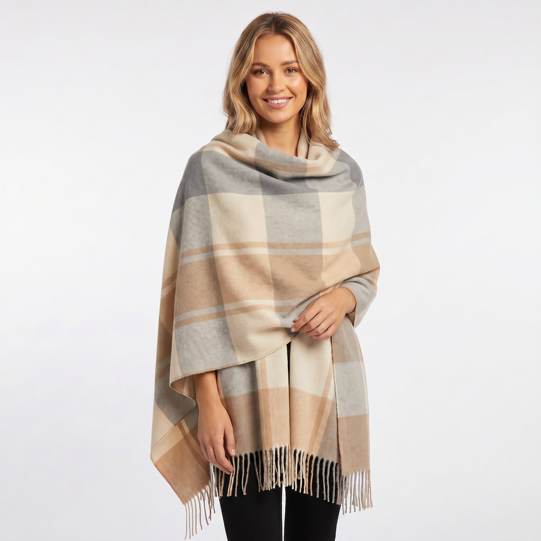 Women's Shawl Scarf – Oversized Check Blanket Fringe Wool-Look