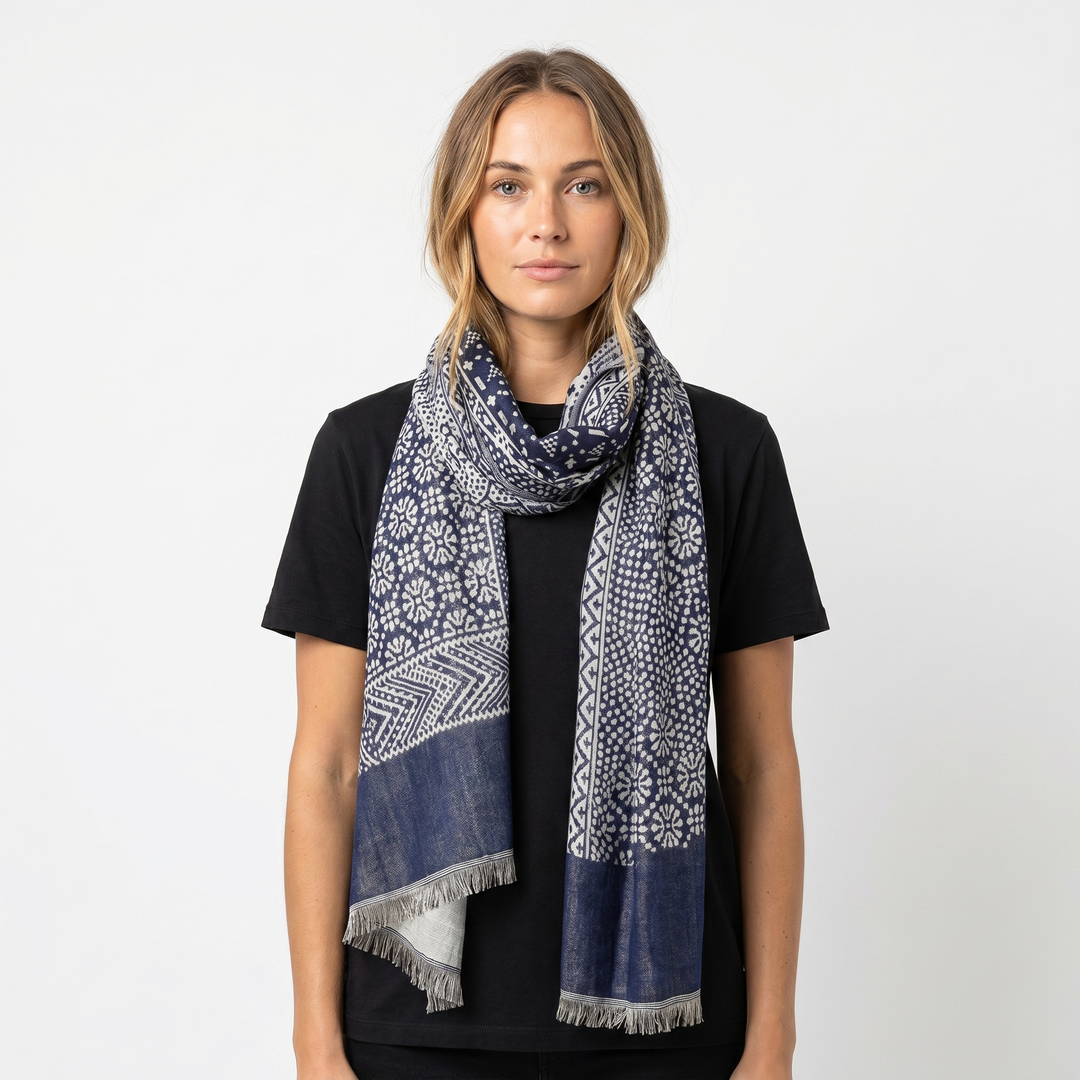 Women's Printed Scarf – Floral Geometric Lightweight Fringe Wrap