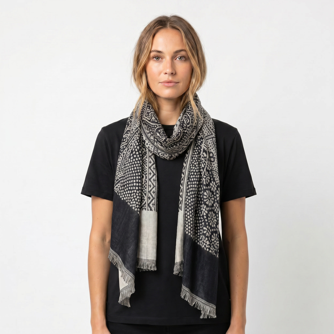 Women's Printed Scarf – Floral Geometric Lightweight Fringe Wrap