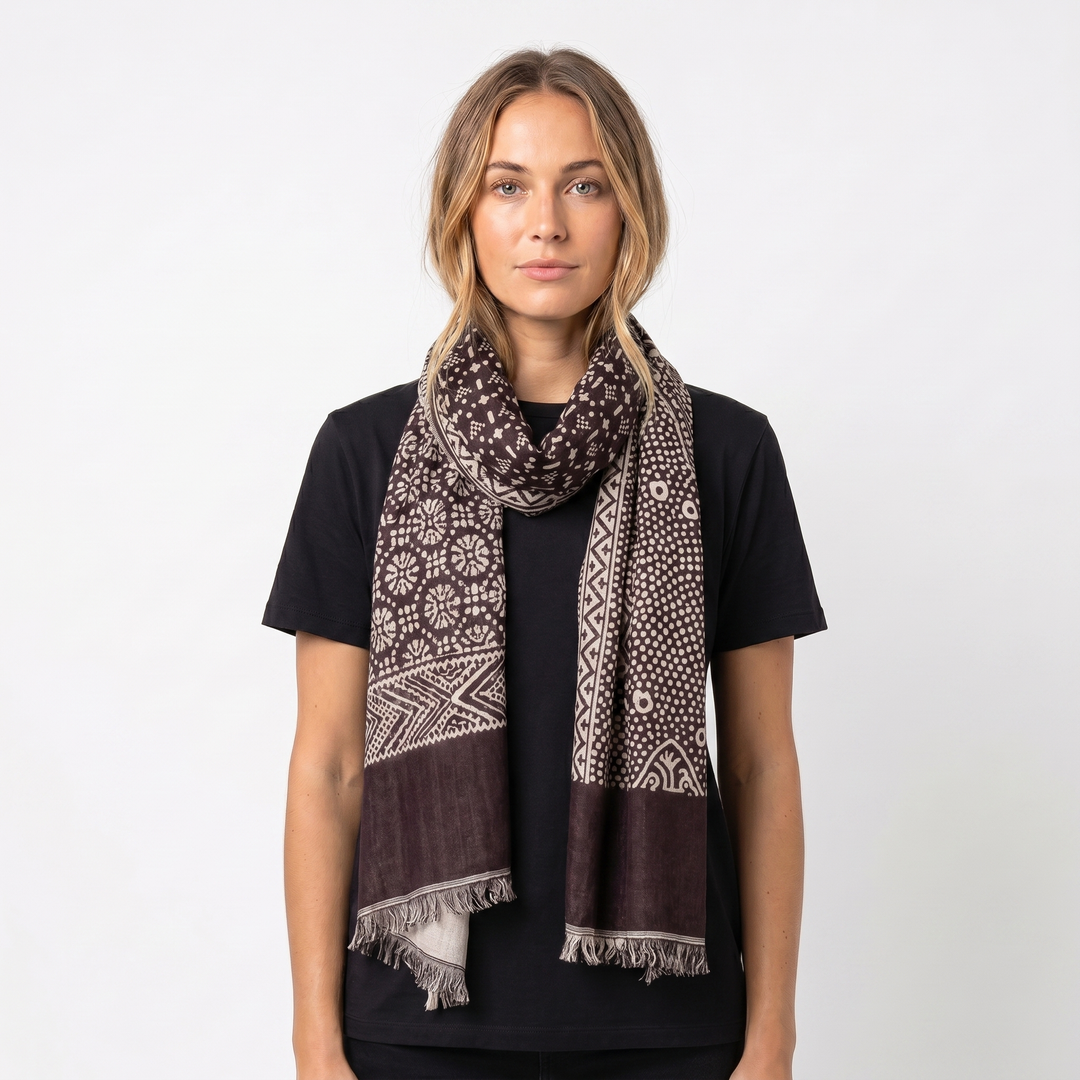 Women's Printed Scarf – Floral Geometric Lightweight Fringe Wrap