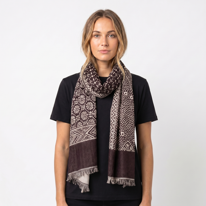 Women's Printed Scarf – Floral Geometric Lightweight Fringe Wrap
