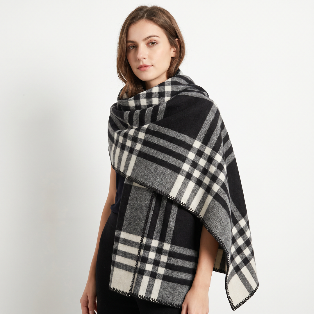 Women's Shawl Wrap – Oversized Check Blanket Stitch Edge Woven