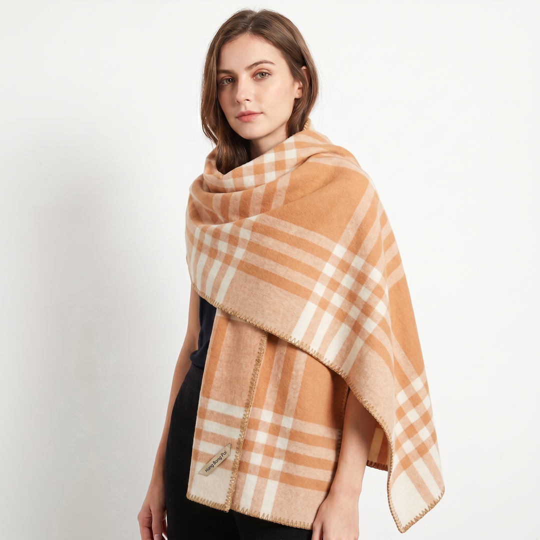 Women's Shawl Wrap – Oversized Check Blanket Stitch Edge Woven