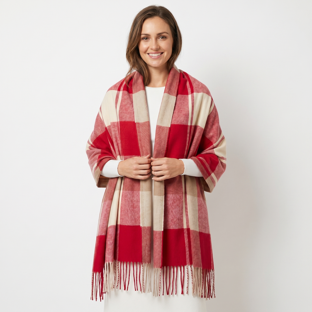 Women's Shawl Scarf – Oversized Check Woven Fringe Blanket Wrap