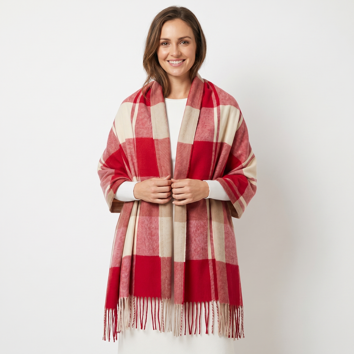 Women's Shawl Scarf – Oversized Check Woven Fringe Blanket Wrap