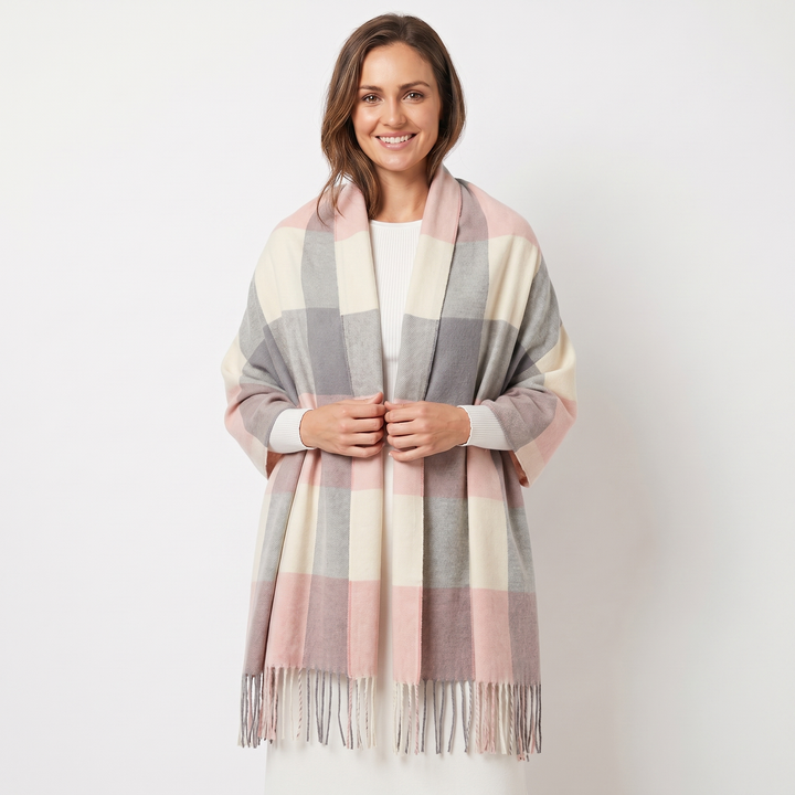 Women's Shawl Scarf – Oversized Check Woven Fringe Blanket Wrap