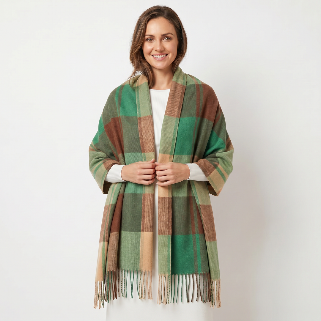 Women's Shawl Scarf – Oversized Check Woven Fringe Blanket Wrap