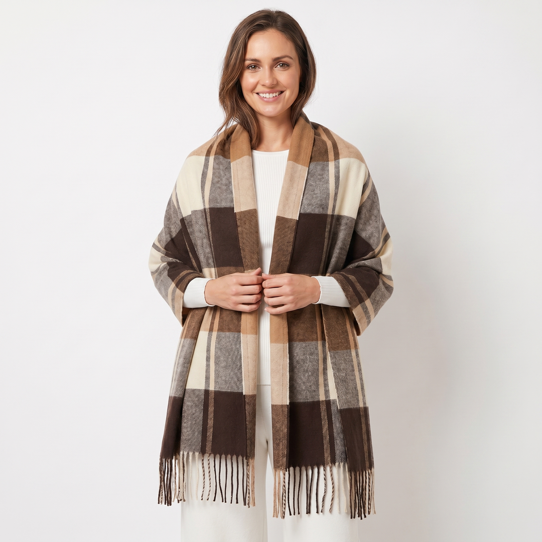Women's Shawl Scarf – Oversized Check Woven Fringe Blanket Wrap